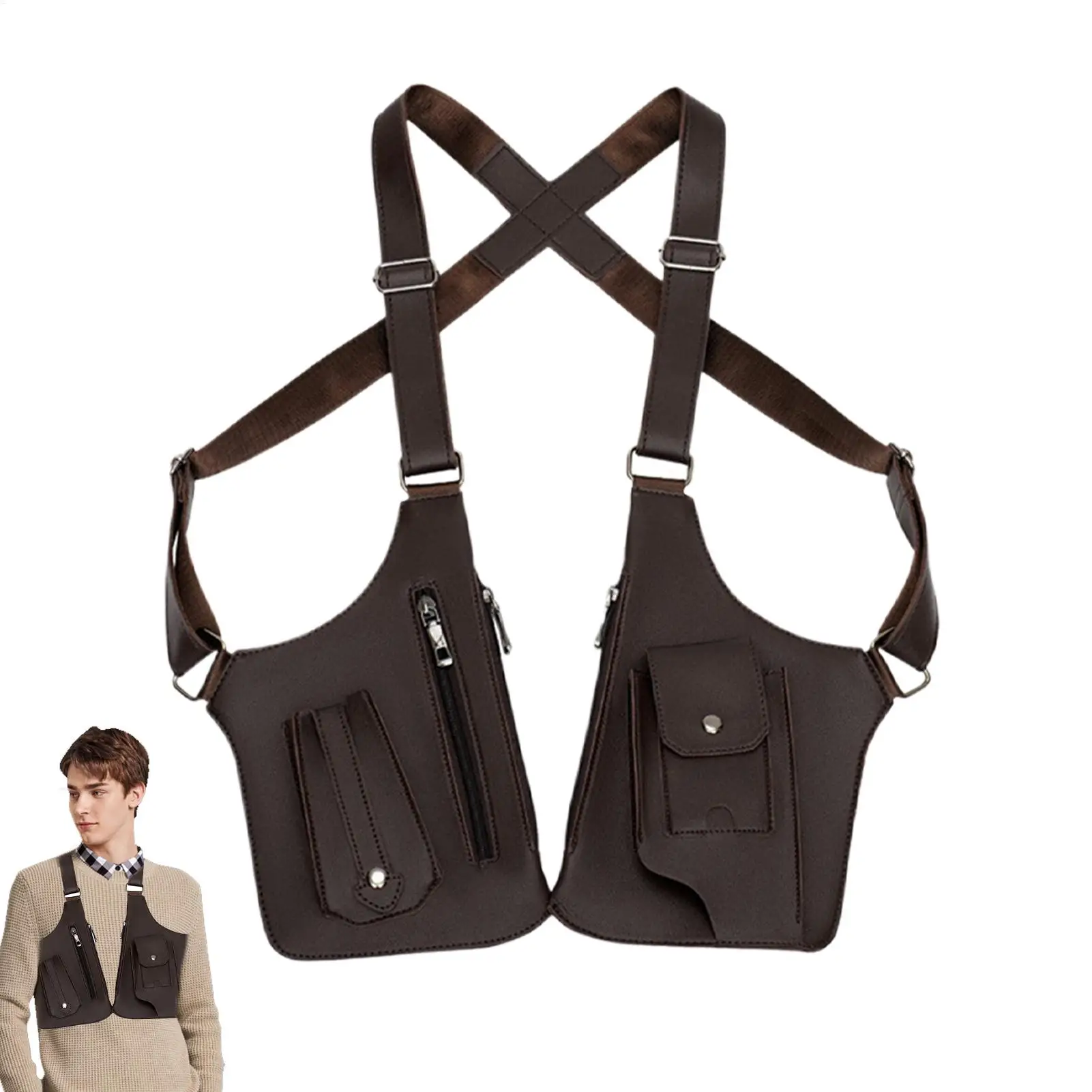 Men Double Shoulder Armpit Bag Anti-Theft Phone Pocket Adjustable Strap Holster Vest Bag Waterproof PU Leather Crossbody Bags