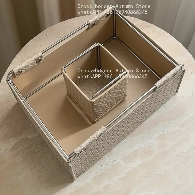 Light luxury sundries desktop storage box, snacks, cosmetics storage basket, large leather woven box.