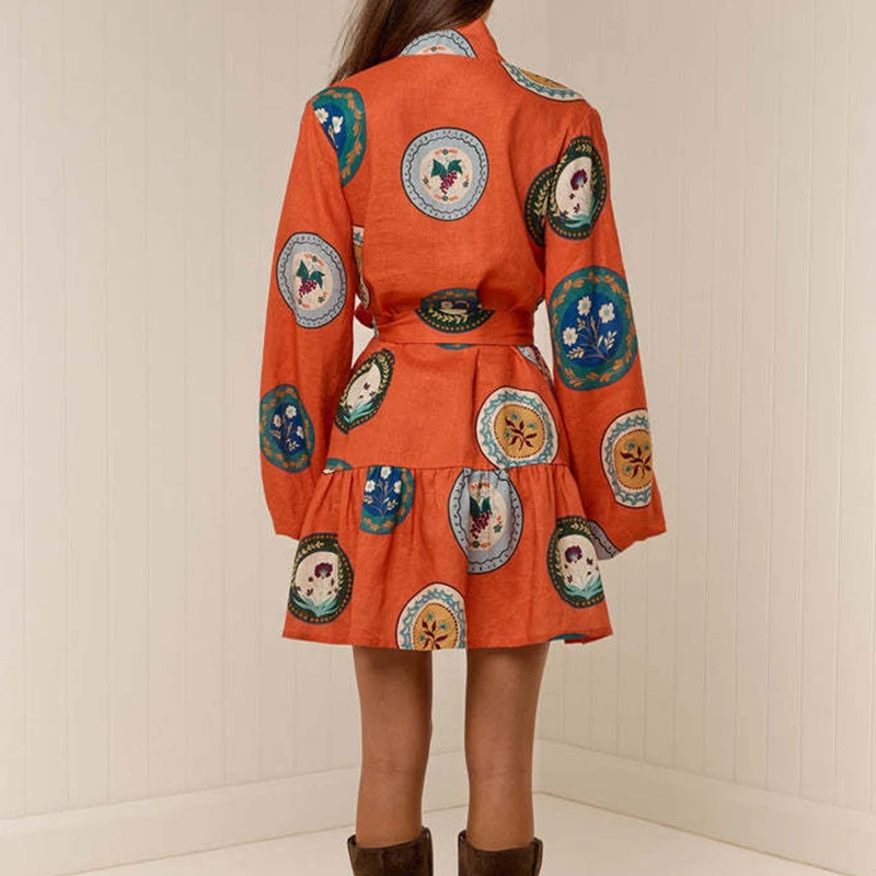 New Autumn Lantern Long Sleeve Boho Dress Vintage Pattern Print Lace-up Women Party Dress Spring Stand Collar Button Shirt Dress