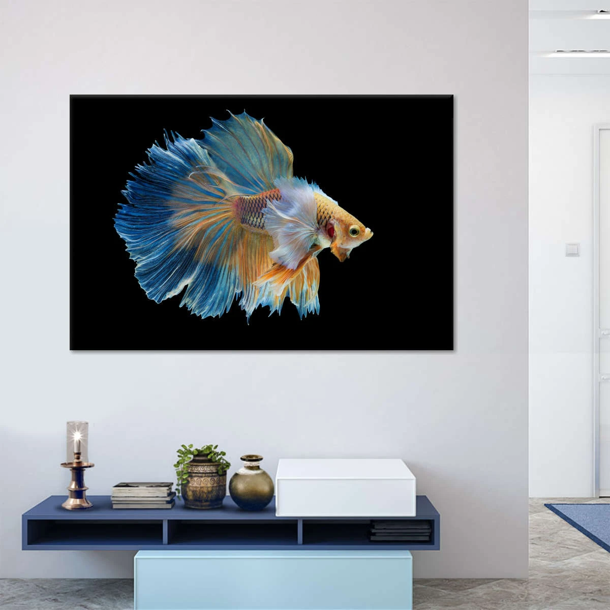 1pc, Blue Yellow Betta Fish Wall Art, Elegant Siamese Fighting Fish Poster, Unframed Canvas Print for Bedroom Home Decor