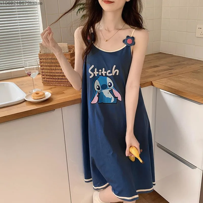 Disney Stitch Cute Cartoon Printed Sleepwear Women's Summer New Sweet Slip Dress Korean Style Trendy Simple Design Home Clothes