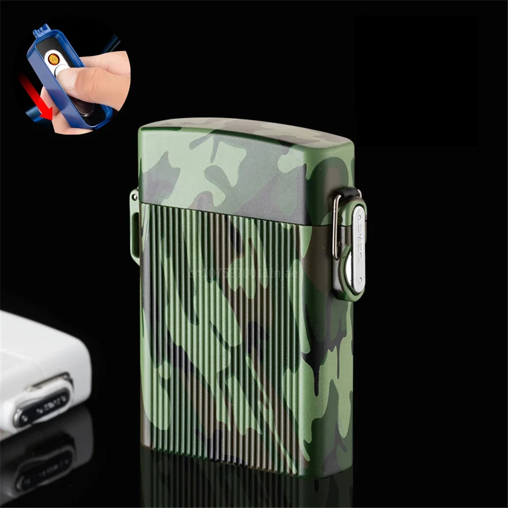 Outdoor Waterproof 16 Cigarette Pack Portable Cigarette Case USB Lighter Windproof Rechargeable Cigarette Lighter Gift for Men