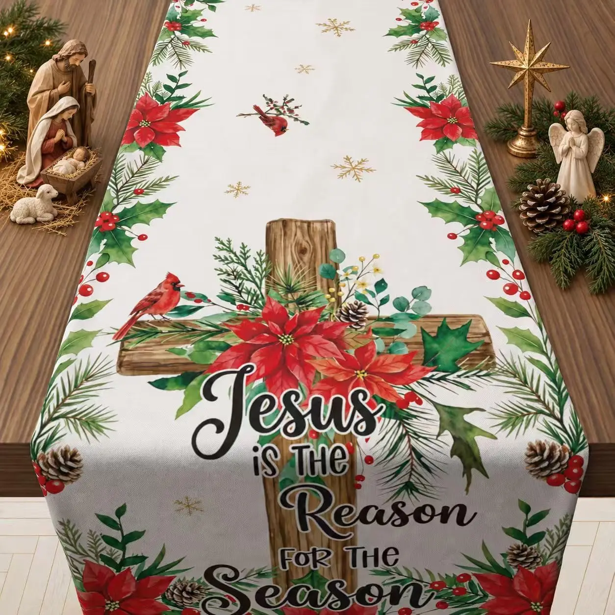 Christmas Poinsettia Cross Jesus Berries Table Runner Party Decor Washable Kitchen Dining Table Runner Christmas Decorations