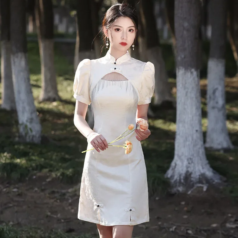 

Летнее белое женское мини-чонсам в китайском традиционном стиле, новое улучшенное женское платье Ципао с воротником-стойкой и пышными рукавами