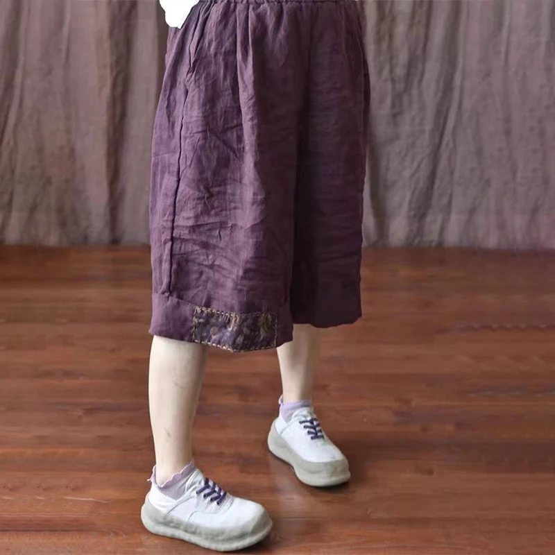 Pantaloni corti da donna in lino di cotone oversize con toppa stile etnico retrò Pantaloncini da spiaggia casual a vita alta estivi
