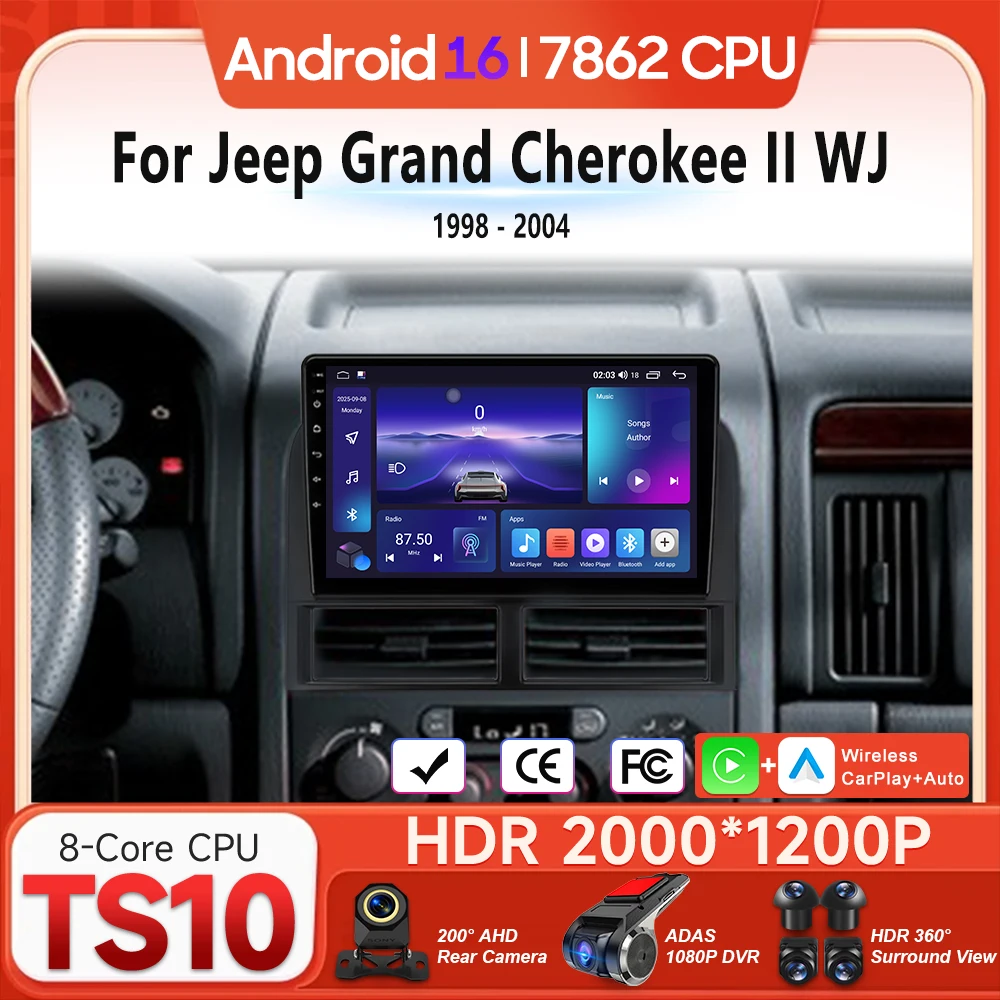 Android 16 For Jeep Grand Cherokee II WJ 1998 - 2004 Car Radio Multimedia Player Carplay Auto Radio Video Stereo Navigation GPS