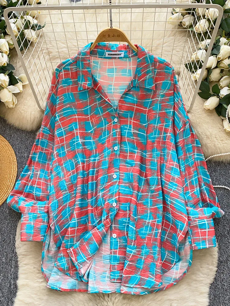 

Женская рубашка оверсайз в клетку, весенняя, с длинным рукавом, пляжная накидка в стиле Бали, повседневная блузка в стиле бойфренд, топ для женщин BL359