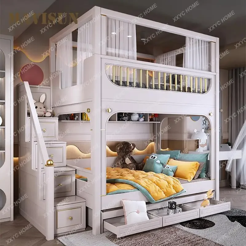 Luxury Multifunctional Kid Bunk Bed With Safety Fence For 5 To 8 Yeas Old Children Bedroom Furniture Large Storage Bed For Kids