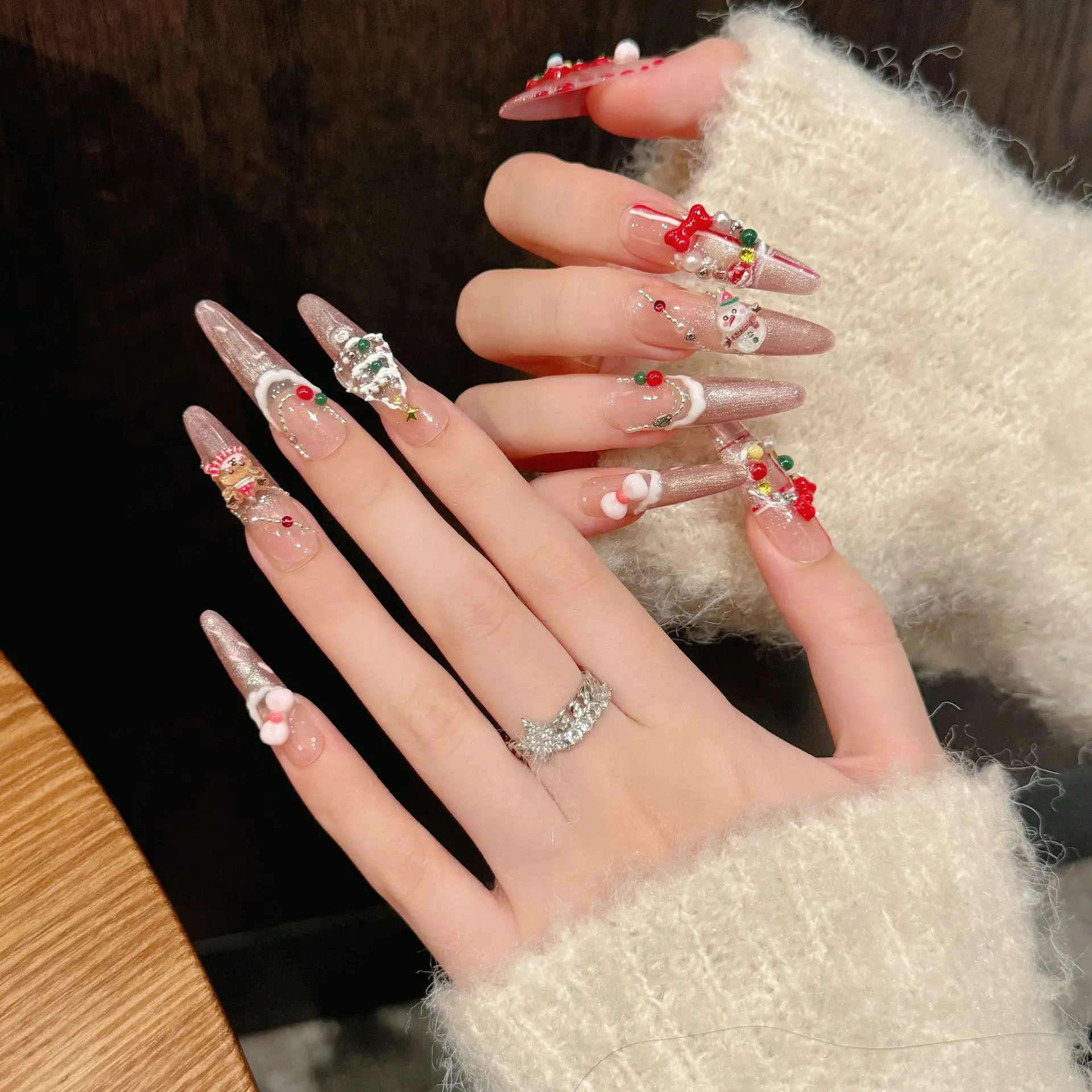 10pcs Shiny Light Pink French Tips Fake Nails Handmade 3D Wreath Xmas Tree Snowman Decor Press On Nail Kawaii Long Almond Nails