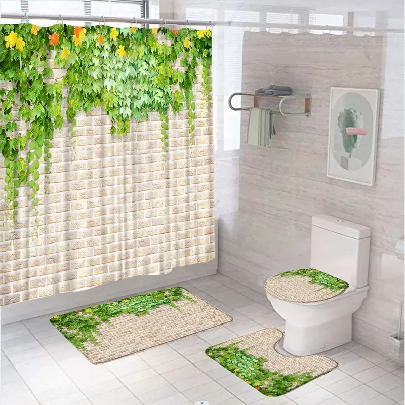 Wall Brick Green Vine Shower Curtain Sets Garden Botanical Plant Spring Scenery Bathroom Curtains With Bath Mat Rug Toilet Cover