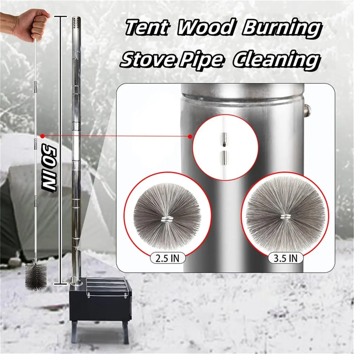 HGHO 50-Inch Long Tent Wood Burning Stove Pipe Stainless Steel Cleaning Brush, and Chimney Cleaning Wire Brush