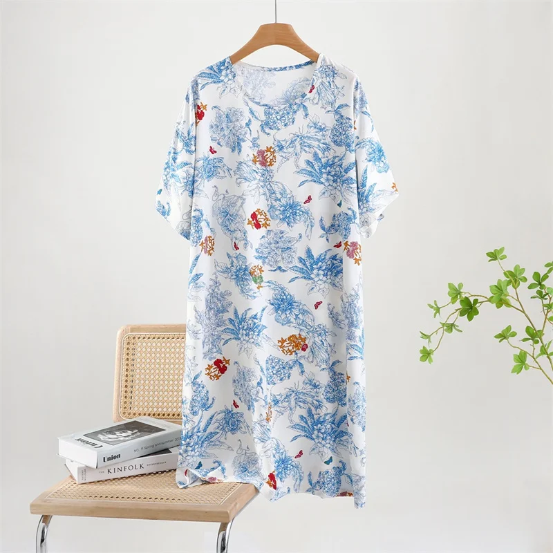 Sleepwear Women\'s Summer Pajamas Dress Printing Loose Ladies Nightgowns Short Sleeve Sleep Shirt Lounge Wear Night Dresses