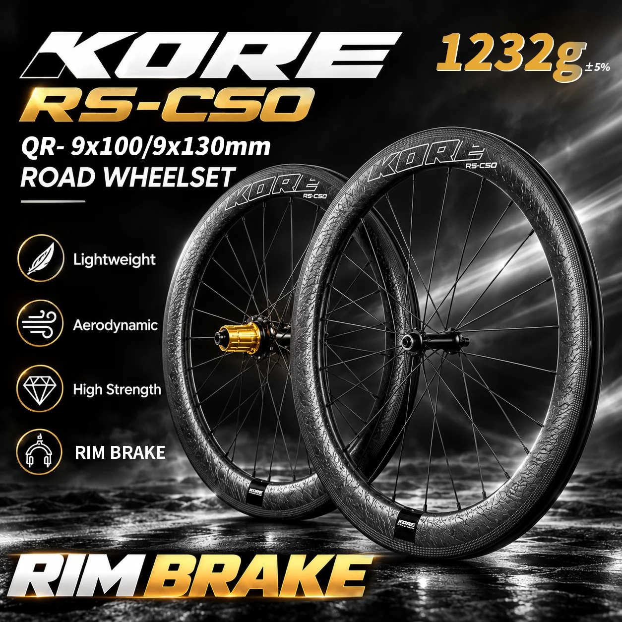 KORE RS-CSO Carbon Rim Brake Road Wheelset Ultralight 1232g 50mm Rim Ratchet System 36T HUB Wing F 20 B24 Spoke bike wheelset