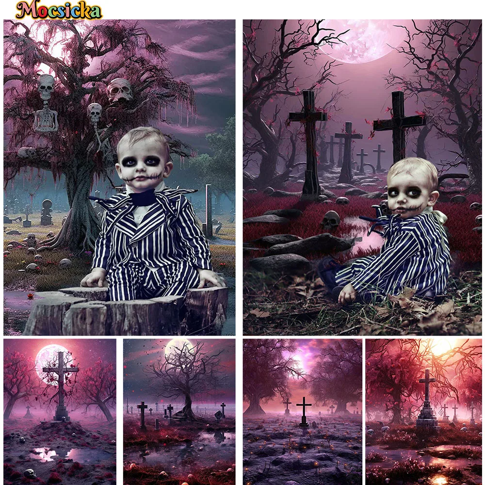 

Halloween Horror Graveyard Party Backdrop Props Skull Cross Moon Forest Night Photo Background Baby Portrait Studio Photozone