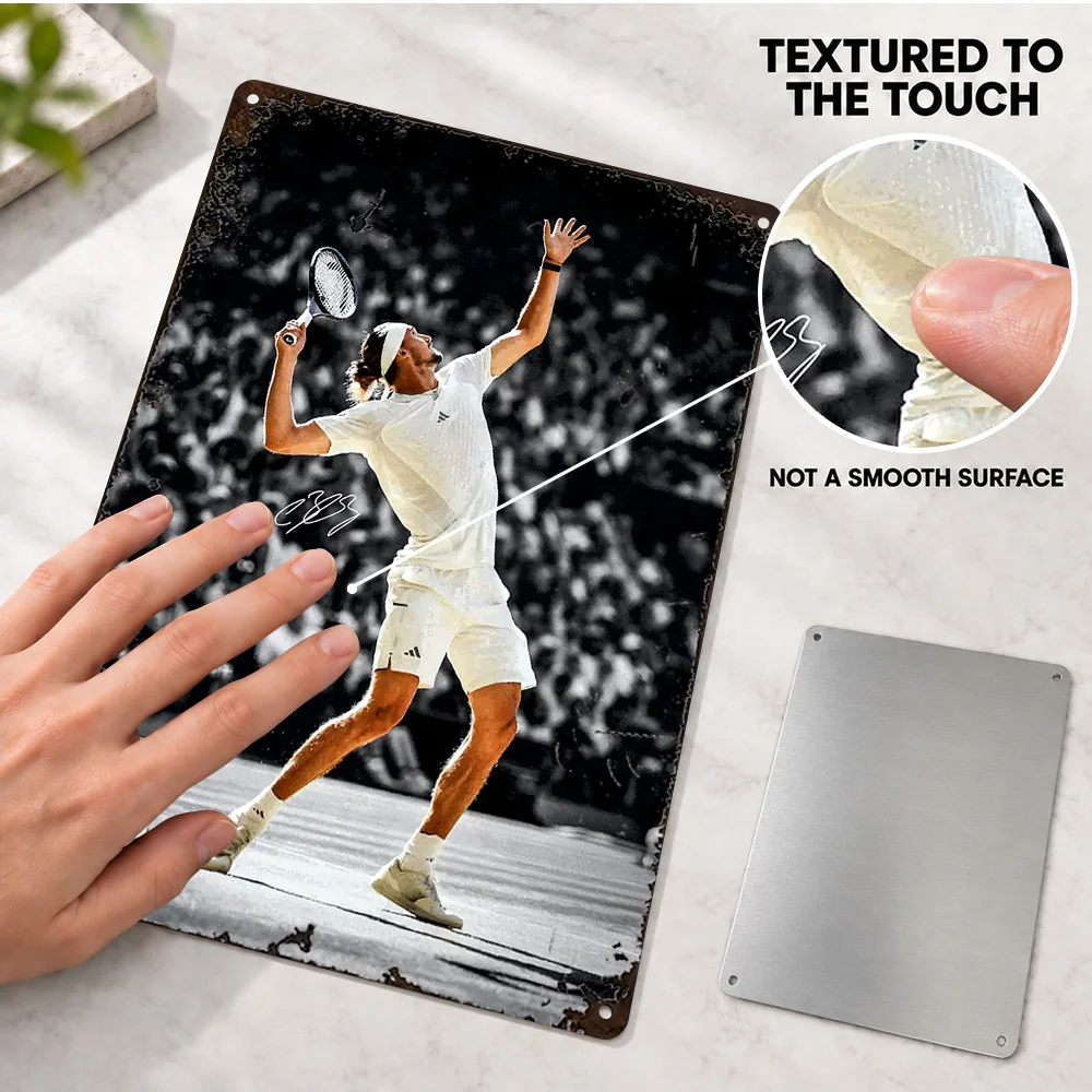 Alexander Zverev Racket Serve Printed Poster Personalized Aluminum Metal Sign White Outfit Swing Wall Art For Tennis Clubhouse
