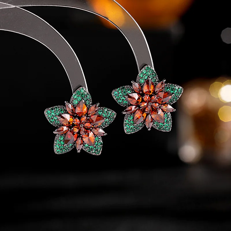 

Gorgeous Two-Tiered Star Shaped Five Petal Burnt Orange Green Flower Stud Earrings for Daily Wear