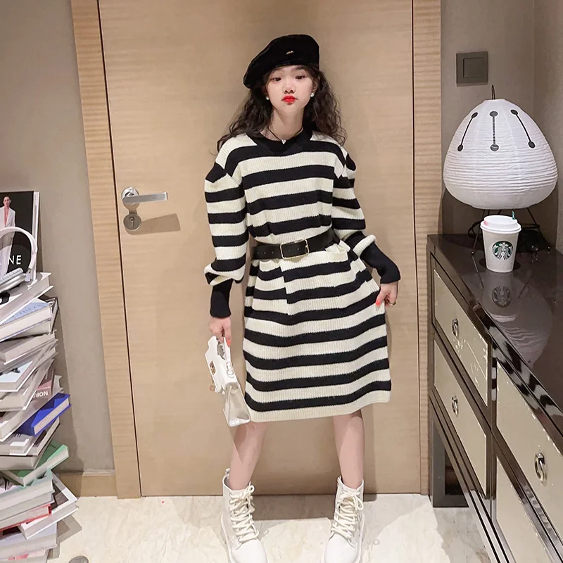 New Fashion Kids Long Knitted Sweater Dress female Girl Striped Knitwear One-piece Dress With Belt Teens Child Casual Streetwear image 6