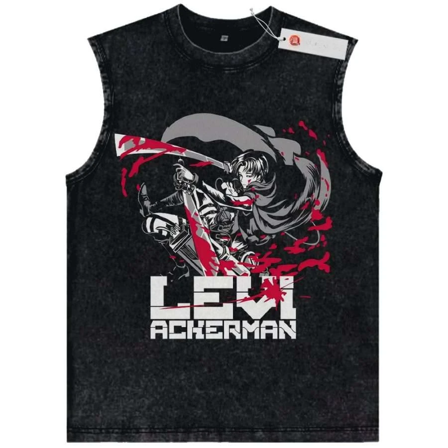 camiseta-regata-unissex-preta-vintage-lavada-attack-on-titan-levi-ackerman-posicao-de-combate-com-manchas-de-sangue-tecido-de-alta-qualidade-para-fitness