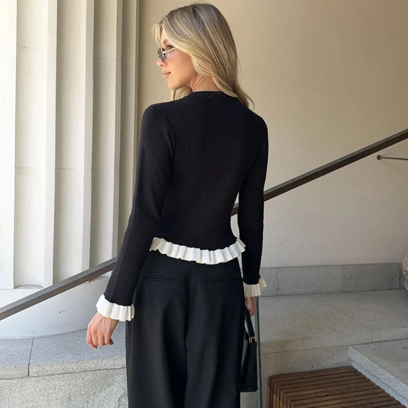 Tornova 패션 여성용 러플 니트 스웨터 슬림 오 넥 긴 소매 풀오버 스웨터 가을 겨울 니트 탑 여성