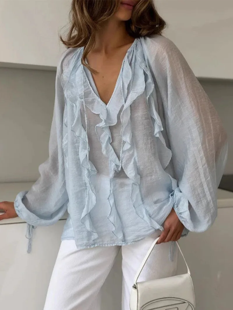 2026 Französischer Stil Rüschenbluse Elegante Sommer V-Ausschnitt Bluse mit Laternenärmeln Transparente Fließende Chiffon-Bluse Y2K Lässiges Büro-Oberteil – Detail 15