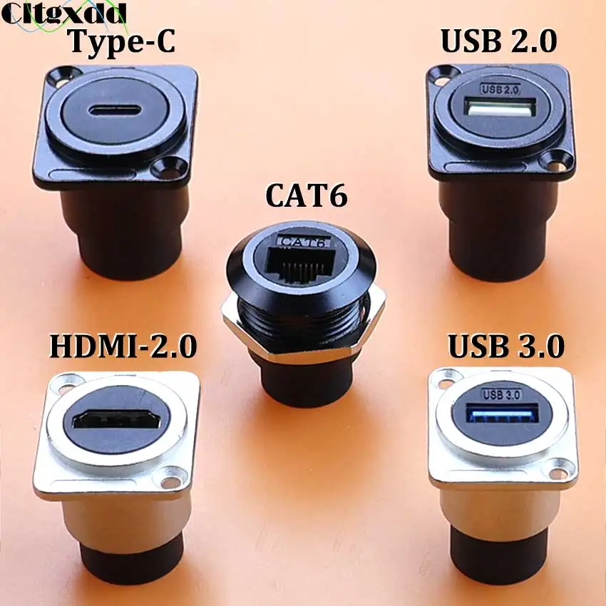 

Metal D Type Module RJ45 CAT6 USB 2.0 3.0 Type-C HDMI-Jack Female Socket Through Network Panel Mounting Electronic Connector