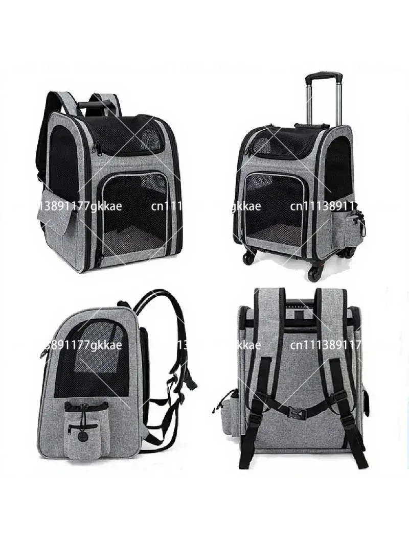 Foldable Pet Carrier Trolley Bag with Wheels, Large Capacity, Breathable, Convertible Backpack Shoulder Bag