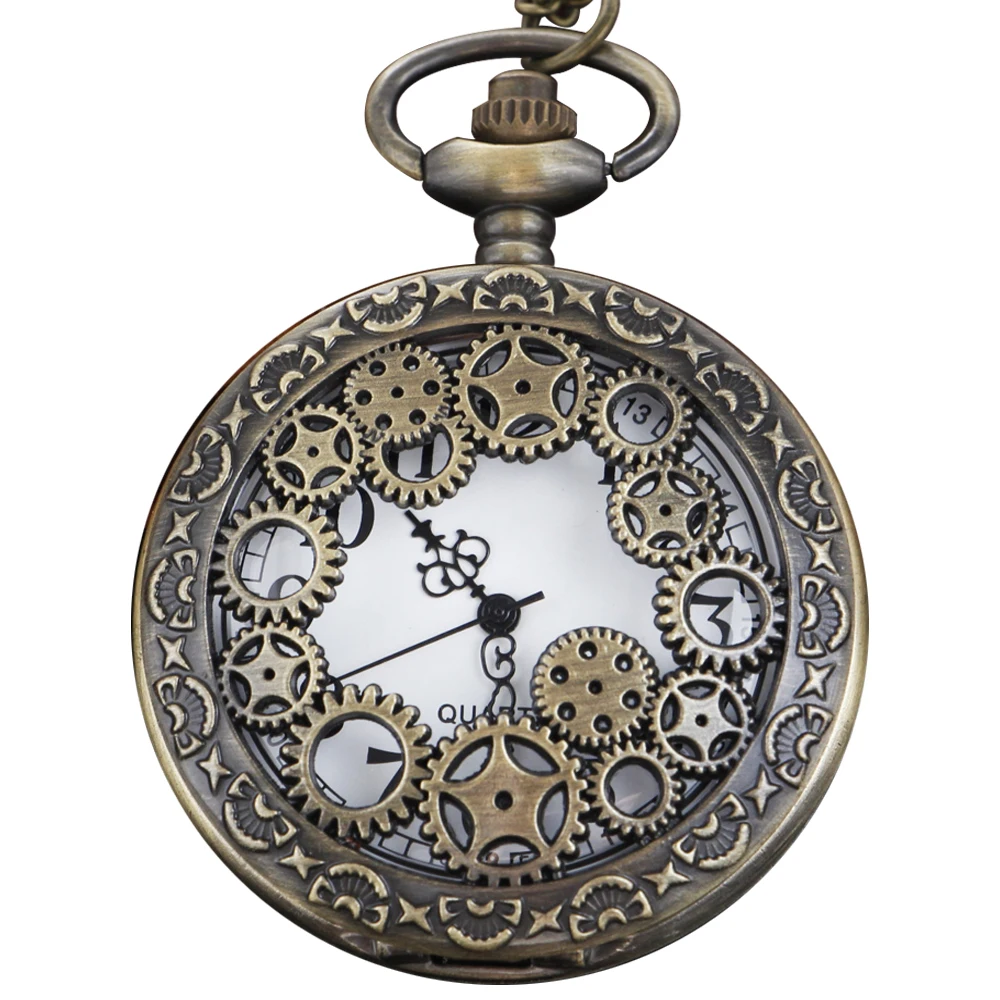 

Bronze Time Gear Display Quartz Pocket Watch Minimalist Fashion Necklace Pendant Clock Men's and Women's Gifts