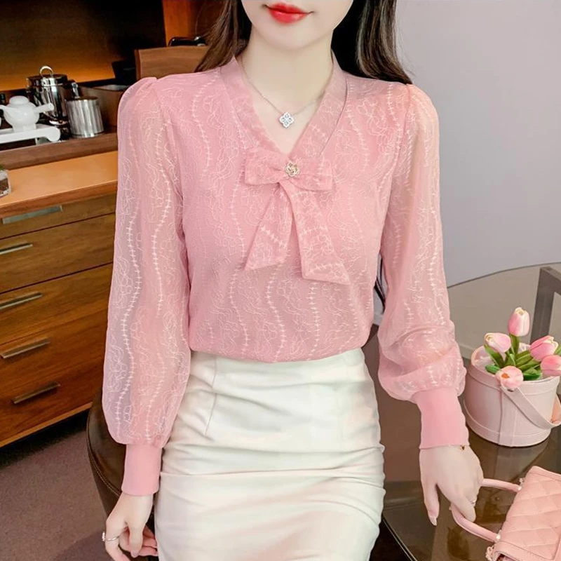 

Elegant Pink Lace Shirts Women Bow Long Sleeve Korean Y2k Clothes Slim Office Ladies Tops Autumn Winter V Neck Casual Blouses