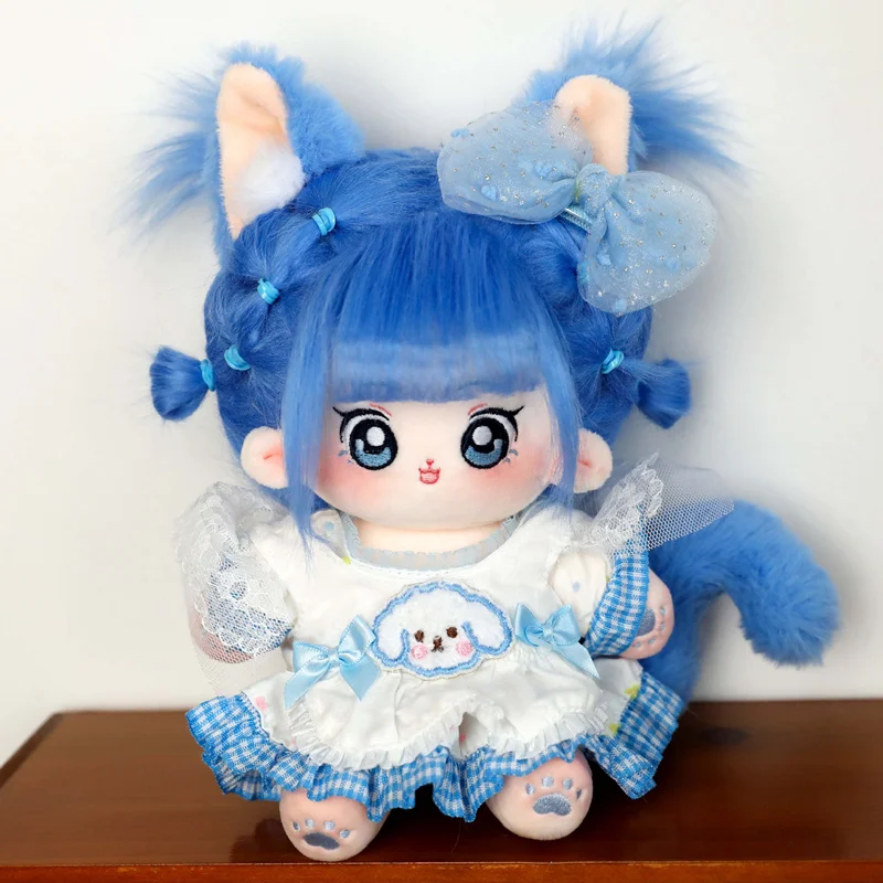 20cm Kawaii Plush Cotton Doll Idol Stuffed Super Star Figure Toys Cute Blue Cat Fat Body Girl Doll Can Change Clothes Kids Gifts