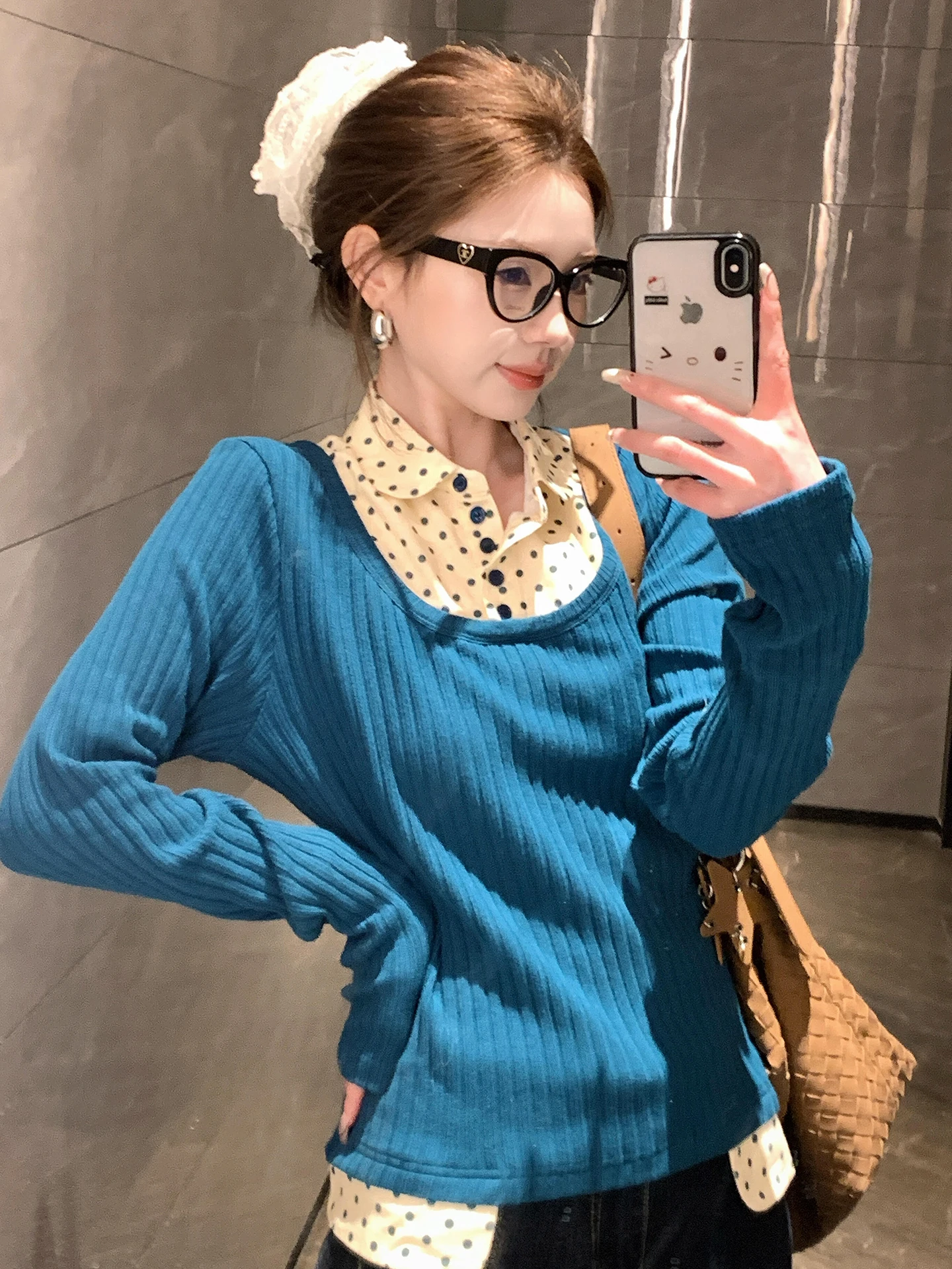 

Blue Knitted Dr Set Women's Autumn Winter New Sle High Faion Sweet Japanese Sle Slim Fit Long Sve Collar Dr