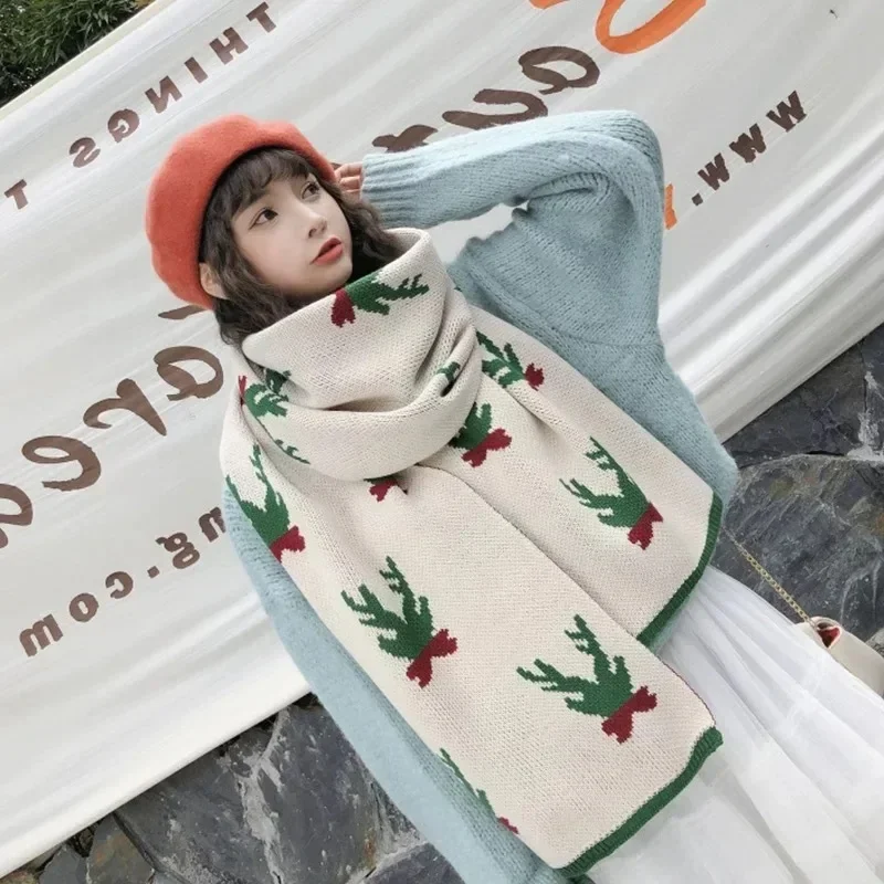 Thickened Christmas Deer Antler Scarf for Women New Year Gift Double Layered Chinese Style Warmth Neck Wrap Scarf