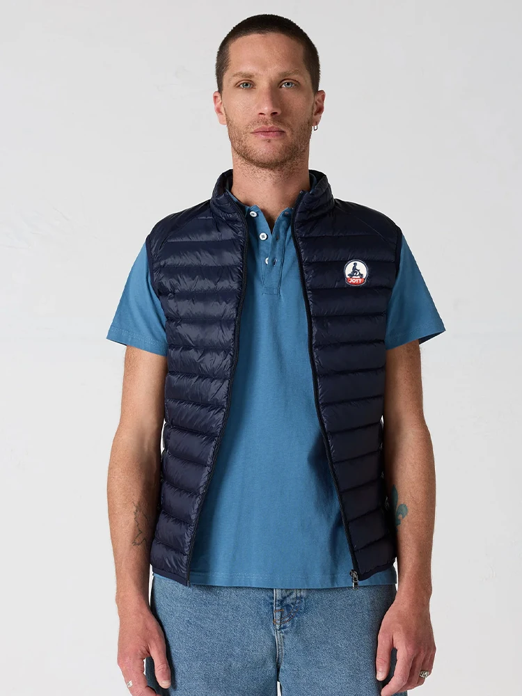 Autumn Winter Casual Sleeveless Embroidery logo Zipper Front Going Outdoors Men Light Thin Hooded Down Jacket Warm Windproof