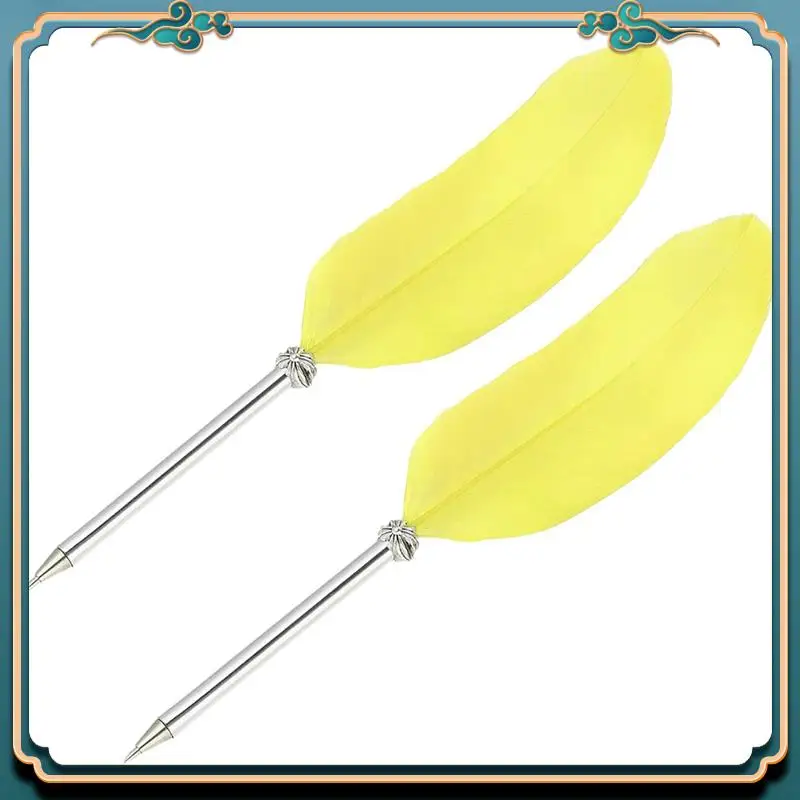 (New)-21Cm/8Inch Feather Ballpoint Pen, 2Pcs Ink Vintage Quill Pen Refined Plated Dip Pen For Calligraphy Writing