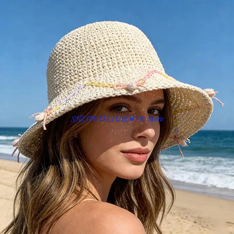 E21F Adjustable Shell Straw Sun Hat For Women Fashionable Accents Breathable Lightweight Design Summer Travel Gardening