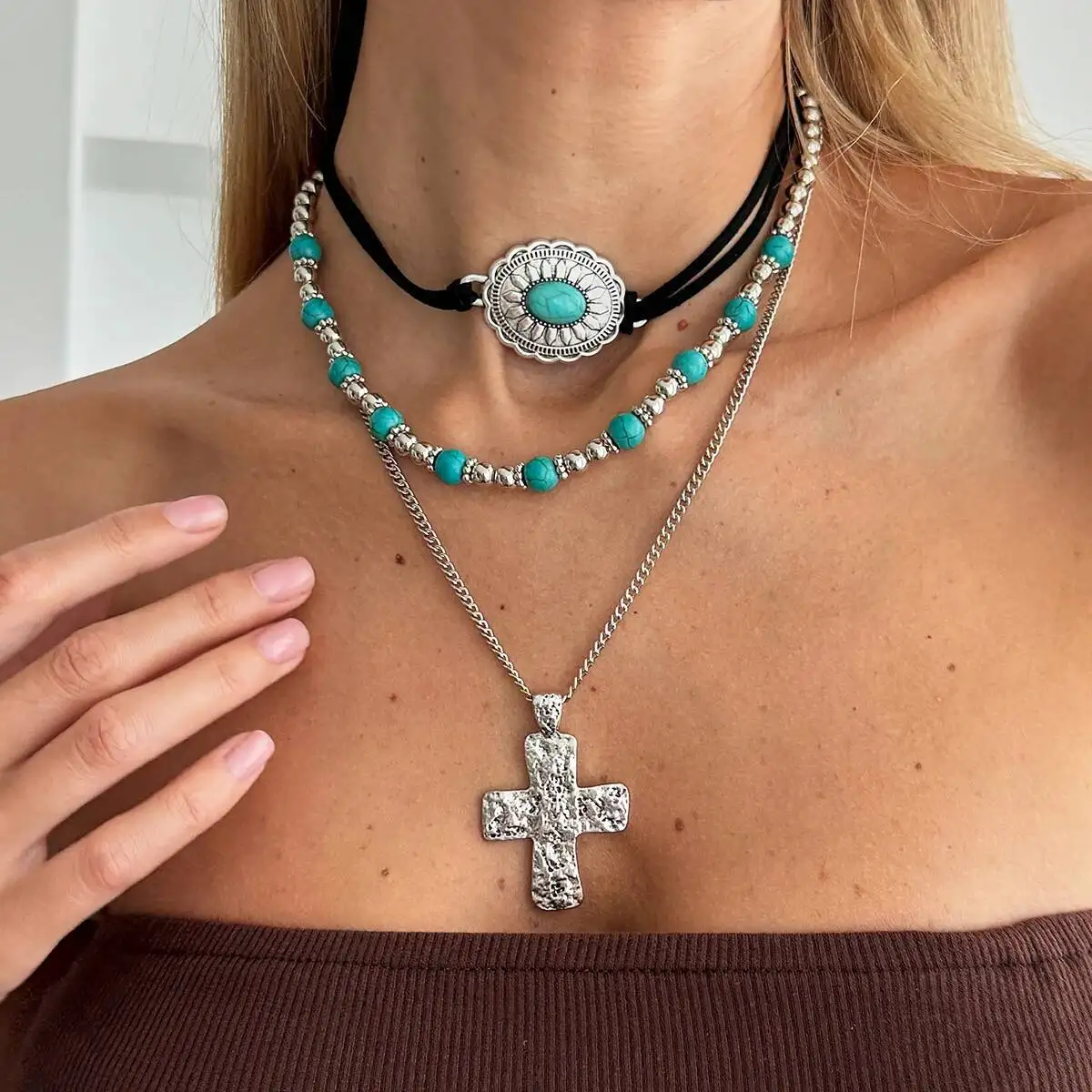 

SHIXIN 3Pcs/Set Boho Green Beaded Choker Necklace Women Vintage Multilayer Stackable Jesus Cross Pendant Necklace Neck Jewelry