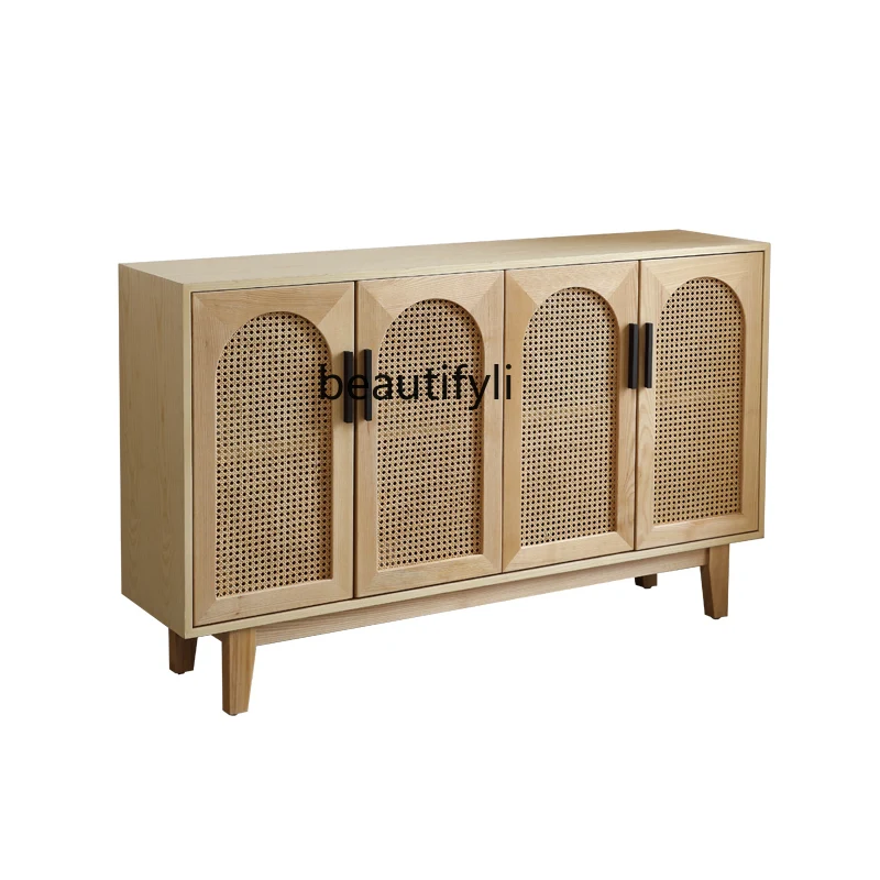 

Solid Wood Rattan Sideboard Cabinet Nordic Home Living Room Entrance Cabinet Modern Simple Storage Locker