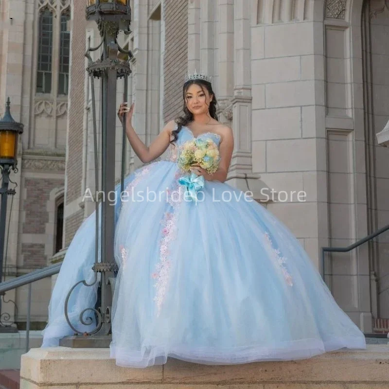 Angelsbridep urocze niebo niebieska suknia balowa 15 lat sukienka na Quinceanera bez rękawów suknie wieczorowe Brithday Vestidos De Fiesta