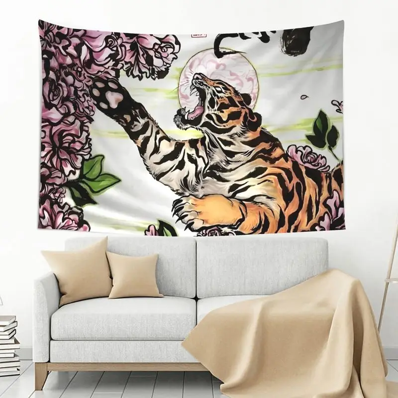 VIKAMA Japanese Ukiyo e Tiger Tapestry Roaring Tiger Peony Wall Hanging Living Room Home Decor Backdrop