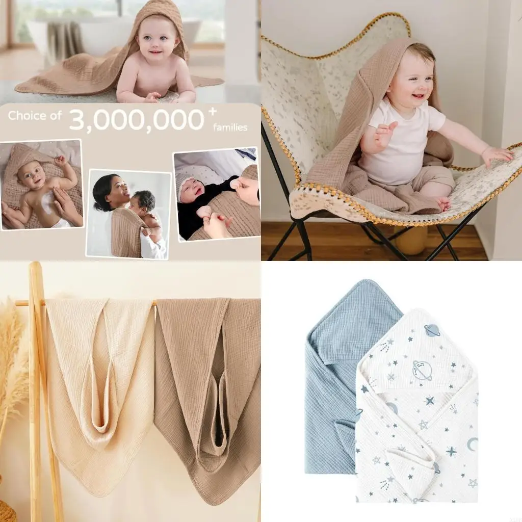 

【2 Pack】Hooded Baby Towel Cotton Gauze Blanket, Super Soft & Absorbent for Bath Time, Newborn Photo Baby Shower Gift