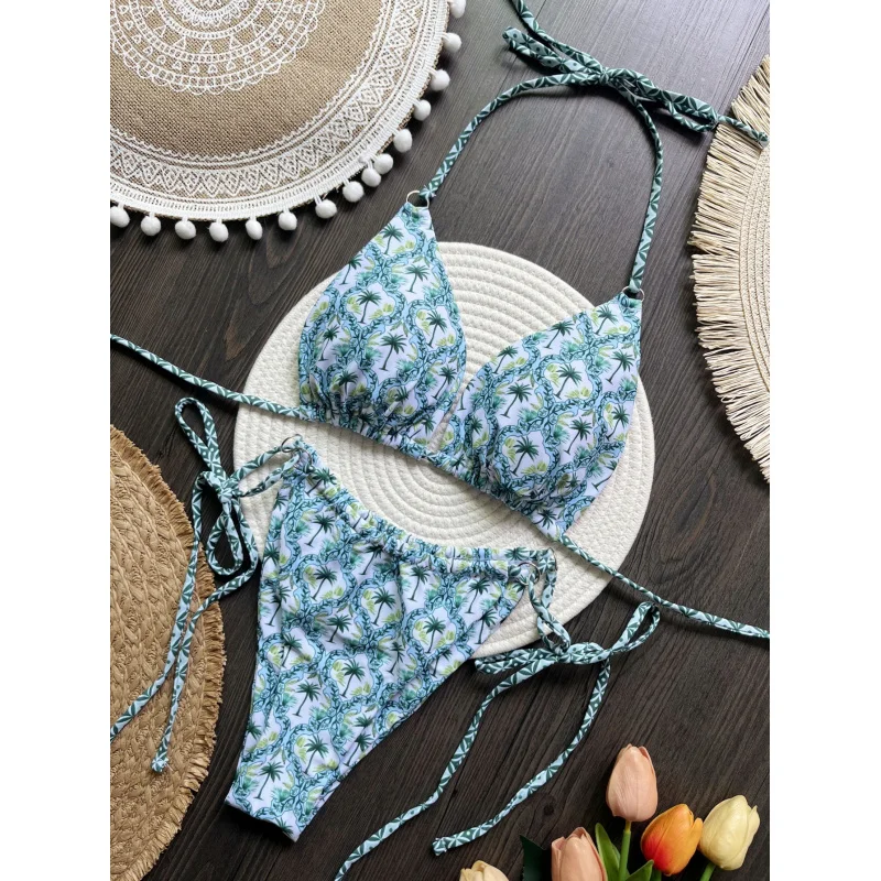 2024NewbikiniHot-Selling Floral-Print Lace-up Sexy Bikini Points