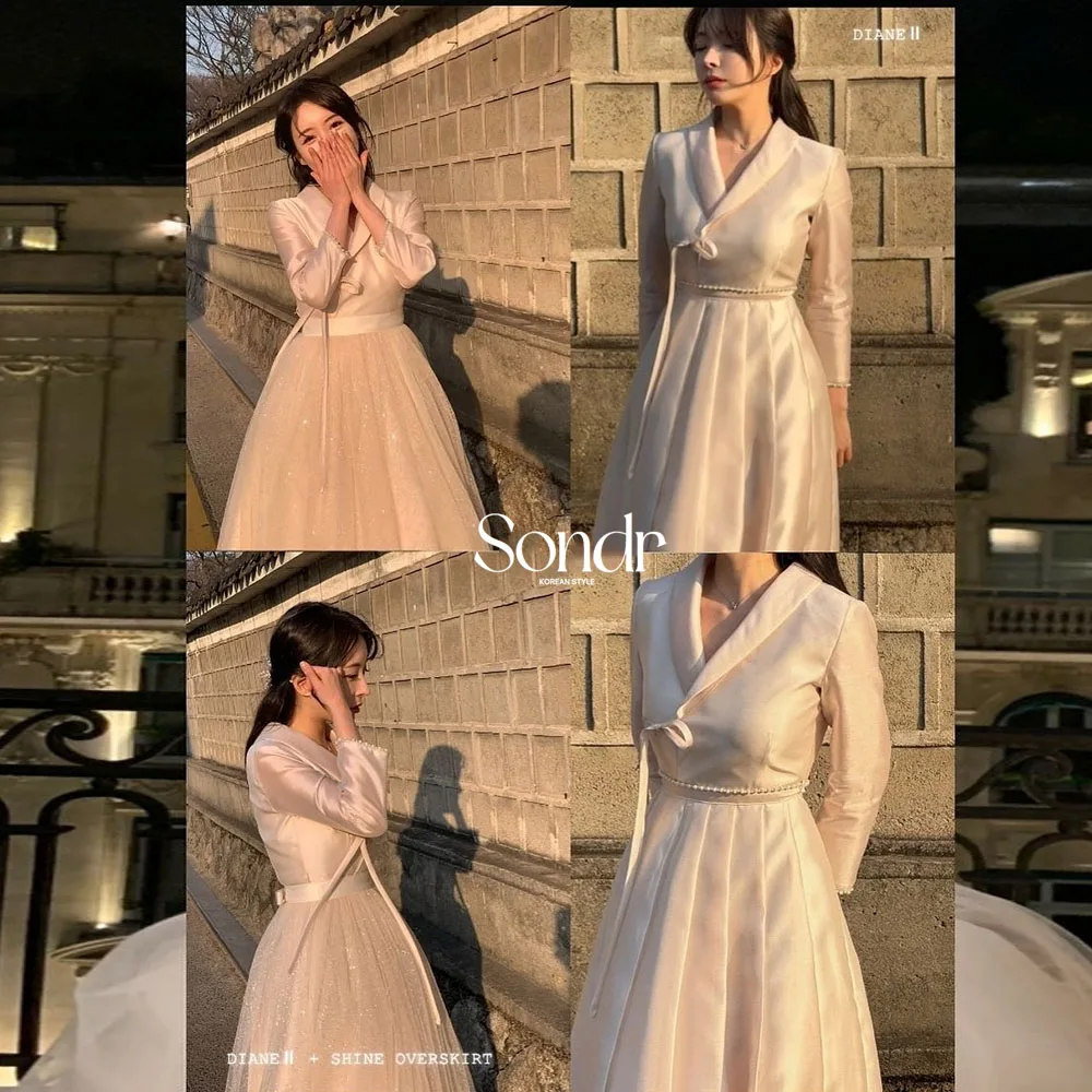 Sukienki Hanbok 2w1 Sondr na zamówienie, koreańskie sukienki wieczorowe, tiulowa i satynowa sukienka z dekoltem w serek, długie rękawy, sukienki ślubne, na przyjęcie weselne, na studniówkę