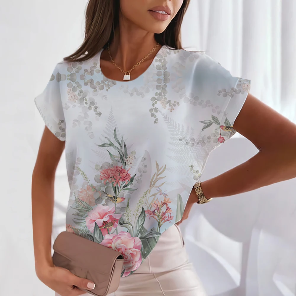 T-shirts pour femmes à imprimé floral 3D, décontractés, col rond, manches courtes, confortables, mignons, vêtements d'été amples pour femmes
