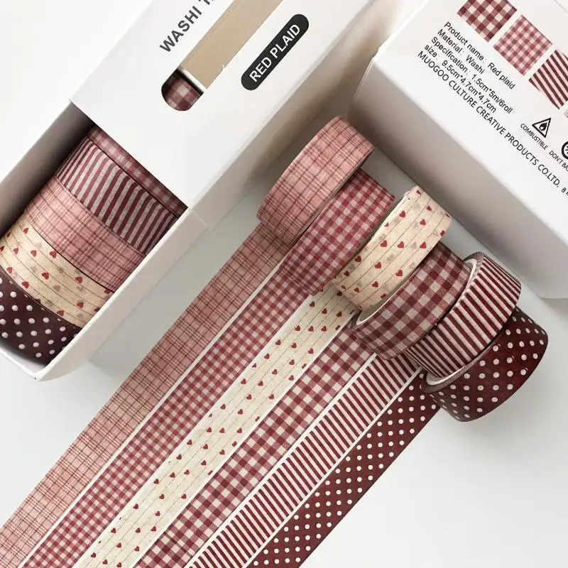 6 Rolls Plaid Tape Set Aesthetic Grid Polka Dot Decorative Tapes For Journal Scrapbooking DIY Crafts & Planner