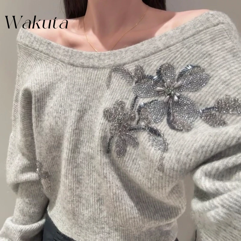 WAKUTA Japanese Retro Round Neck Long Sleeve Printed Knitwear Sweater Temperament Harajuku Street Slimming Short Pullover Свитер