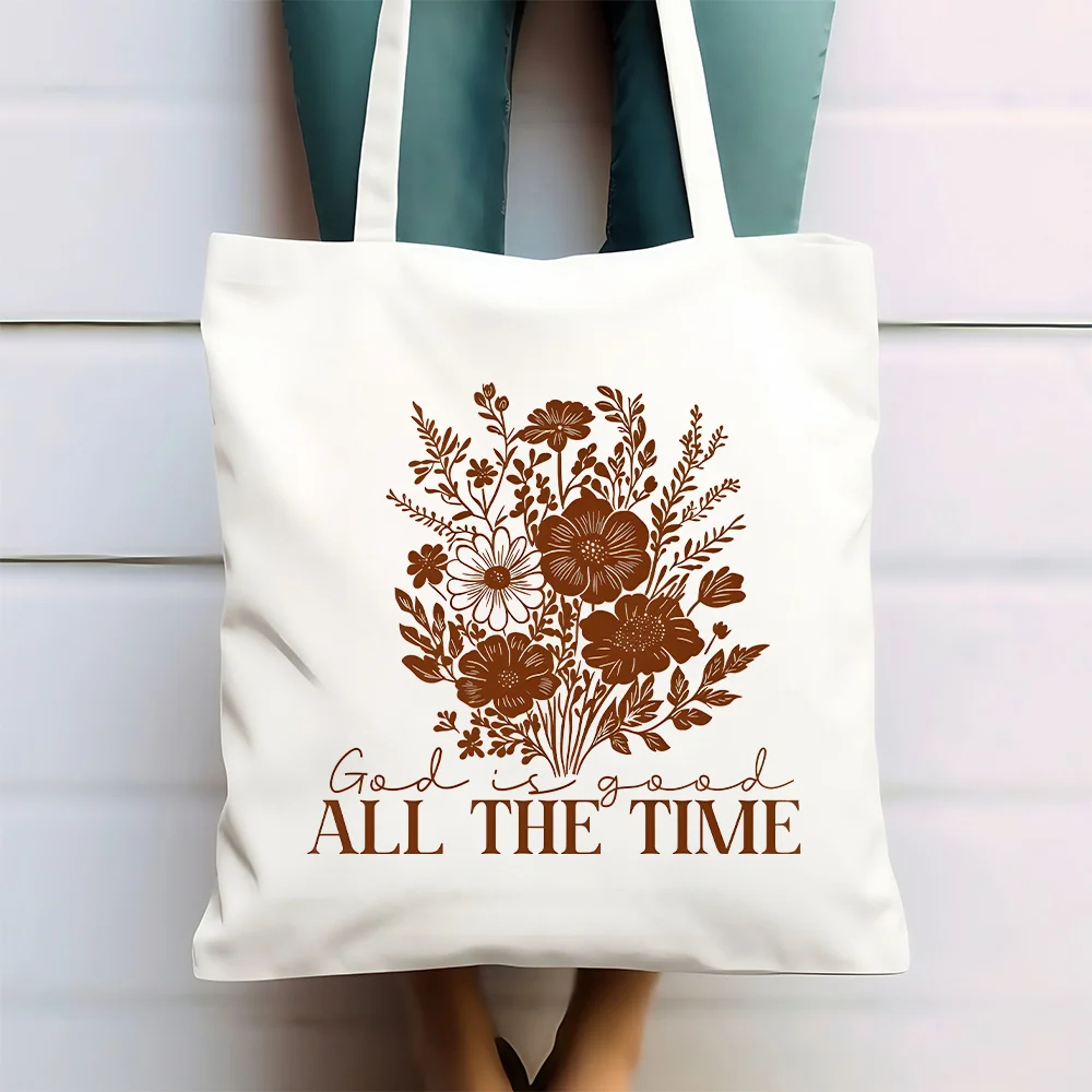 Brown Floral Bouquet Canvas Bag Faith Quote Print for Christian Women Spiritual Gifts  Shopper for Church or Bible Study