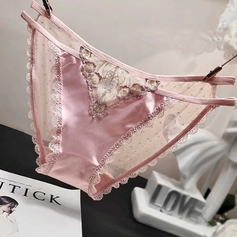 Lace Triangle Underwear Fwomen Hollow Embroidery Straps Summer Low Waisted Triangular Panties Transparent Satin Mesh Cool Briefs