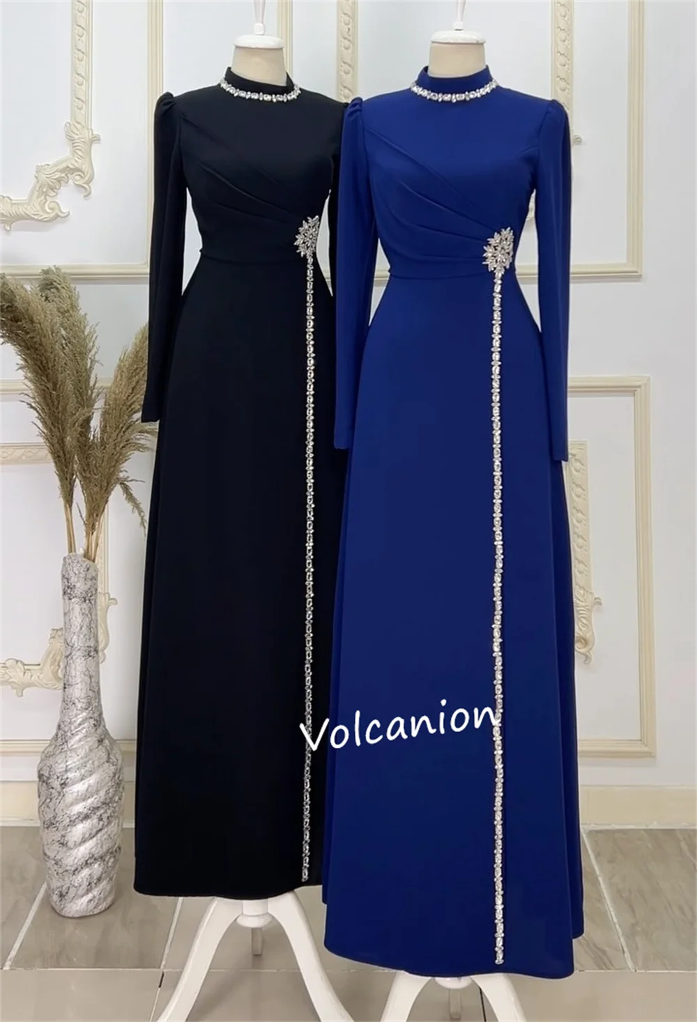 Gaun Midi Kerah Tinggi A-line Berpayet Jersey Kustom Acara Dipesan Lebih Dahulu Malam Klasik Retro Gaya Cina