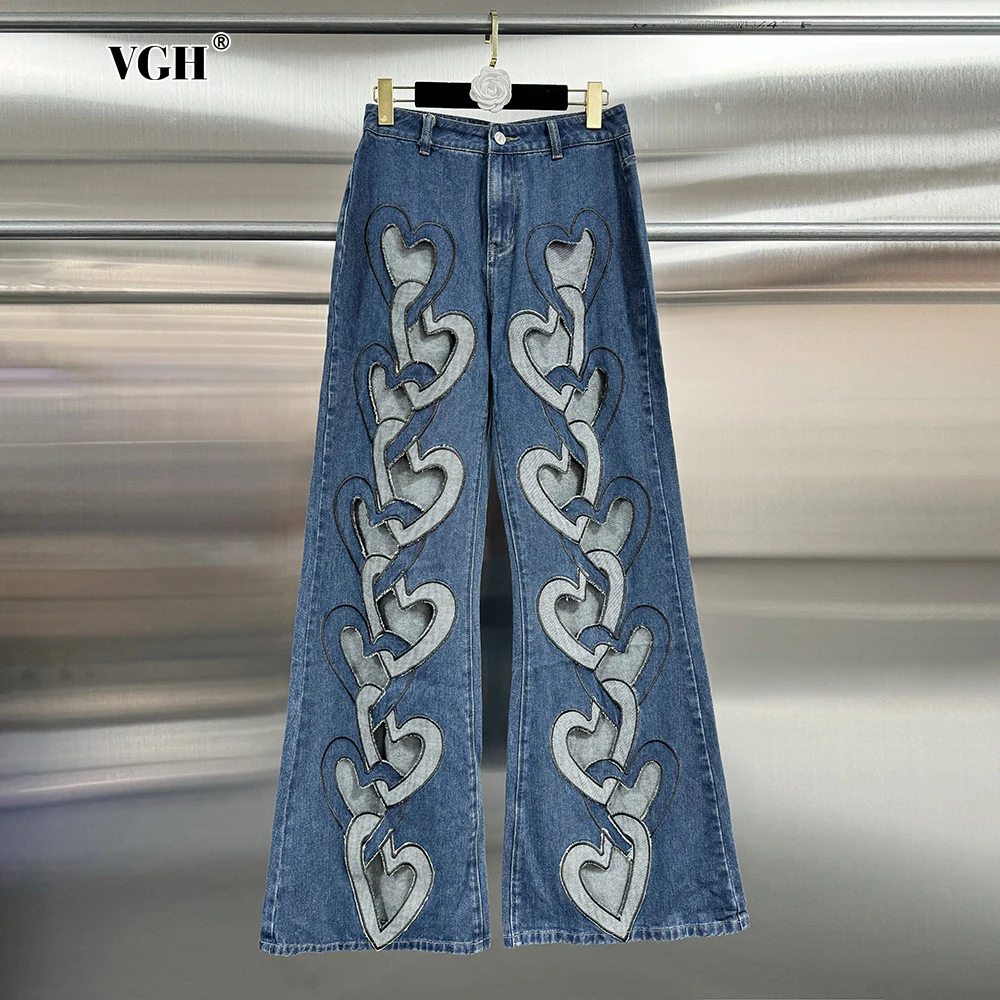 VGH Casual Colorblack Hollow Out Denim Trousers For Women High Waist Spliced Pockets Streetwear Loose Straight Pants Female New