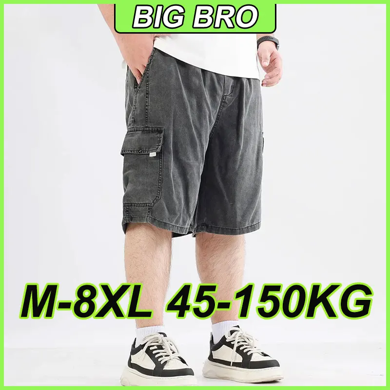 

Мужские летние джинсовые шорты, тонкие джинсовые шорты размера плюс M-8XL, свободные короткие брюки, мужские бриджи с несколькими карманами, брюки с пятью точками, 150 кг