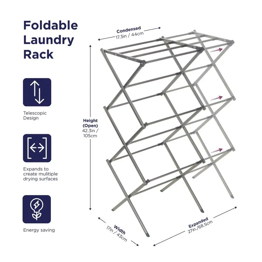 3 Tier Expandable Collapsing Foldable Laundry Rack for Air Drying Clothing, Space Saving Heavy Duty Lightweight Metal Drying Rac